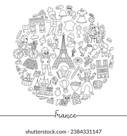 Vector blanco y negro marco redondo francés con personas, animal, Torre Eiffel, símbolo tradicional. Plantilla de tarjeta turística de Francia para carteles, invitaciones. Ilustración de línea o página de color 
