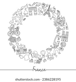 Vector black and white French round frame with people, animals, Eiffel tower, traditional symbols. Touristic France wreath card template for banners. Cute line illustration or coloring page 
