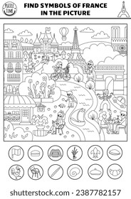 Vector black and white French searching game with city landscape, bakery. Spot hidden baguette, croissant. Simple France seek and find educational printable activity, coloring page
