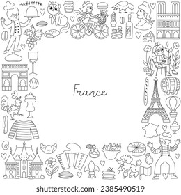 Marco cuadrado vectorial francés blanco y negro con personas, animales, torre Eiffel, símbolos tradicionales. Diseño de plantillas de tarjetas de la Francia turística. Ilustración de línea o página de color 
