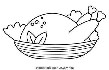 Pollo o pavo frito blanco y negro vectorial en un plato. Comida festiva de Navidad o Día de Acción de Gracias. Comida de esquema de vacaciones o página de color aislada en fondo blanco
