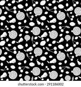 Vector Black White Fruit Silhouettes Seamless Pattern