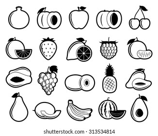 Vector black and white fruits flat icons set isolated on white