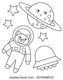 Vector black and white funny astronaut fox in space with planet, stars, UFO. Cute cosmic illustration for children. Astronomy coloring page with kawaii spaceman
