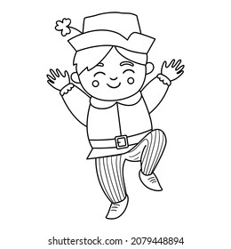 Vector black and white funny boy in traditional clothes and hat with shamrock. Cute outline Saint Patrick Day illustration. National Irish holiday line icon or coloring page
