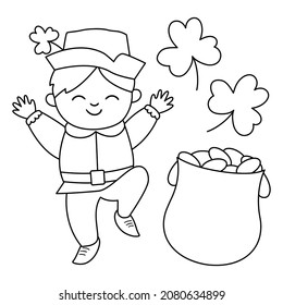 Vector black and white funny boy in traditional clothes and hat with shamrock and pot with gold. Cute outline Saint Patrick Day illustration. National Irish holiday line coloring page
