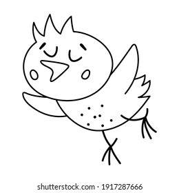 Vector black and white funny chick icon. Outline spring, Easter or farm little bird illustration or coloring page. Cute just hatched chicken flying out of egg shell isolated on white background