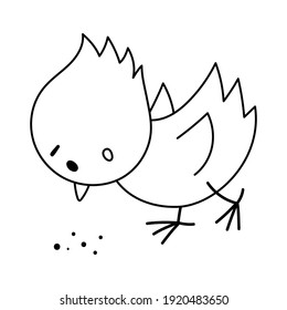 Vector black and white funny chick icon. Outline spring, Easter or farm little bird illustration or coloring page. Cute chicken pecking seeds isolated on white background