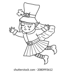 Vector Black And White Funny Fairy In Traditional Clothes And Hat With Shamrock. Cute Saint Patrick Day Outline Illustration Or Coloring Page. National Irish Holiday Line Icon
