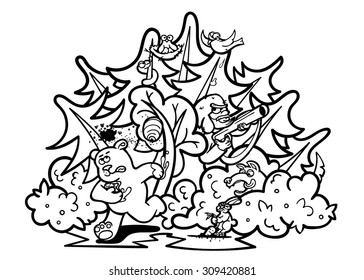 Vector Black and White Funny Forest Animals Illustration