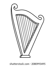 Vector black and white funny harp. Cute Saint Patrick Day musical instrument outline illustration. National Irish holiday line icon or coloring page isolated on white background.
