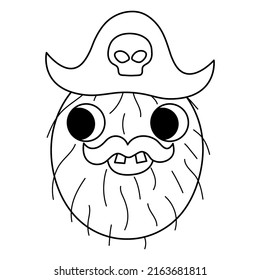 Vector black and white funny kawaii coconut line icon or coloring page. Pirate fruit illustration. Comic plant with eyes, pirate hat and mouth isolated on white background
