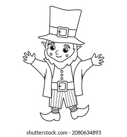 Vector de leprechaun blanco y negro divertido en ropa tradicional y sombrero. Ilustración del Día de San Patricio. Icono de la línea nacional irlandesa de vacaciones o página de color aislada en fondo blanco.
