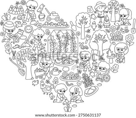 Vector black and white garden heart shaped frame with greenhouse, children doing gardening works. Card template design, coloring page. Line spring illustration with kids working in yard

