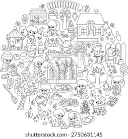 Vector black and white garden round frame with country house, greenhouse, children doing gardening work. Card template design, coloring page. Cute line spring illustration with kids working in yard
