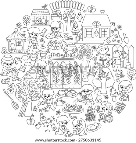 Vector black and white garden round frame with country house, greenhouse, children doing gardening work. Card template design, coloring page. Cute line spring illustration with kids working in yard
