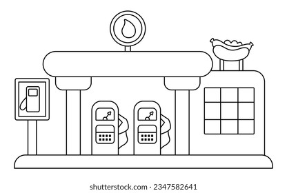 Vector black and white gas station icon. Gasoline or fuel stop with cafe, tanks, and sign. Petrol filling service clipart or coloring page. City transportation place. Funny line public transport
