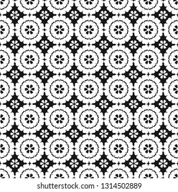 Vector black and white geometric flowers seamless repeat pattern background.