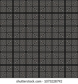 Vector black and white geometric seamless pattern. Monochrome texture with lines, squares, stripes, tiny elements, repeat tiles, grid, lattice. Abstract linear ornament. Modern stylish dark background