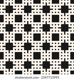 Vector black and white geometric seamless pattern. Abstract graphic background with squares, pixels, dots, checkered surface. Simple monochrome texture. Minimal repeat geo design for print, emboss