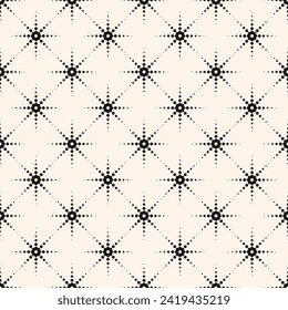 Vector black and white geometric seamless pattern. Stylish texture with halftone dots, floral silhouettes, stars, burst. Simple minimal modern monochrome background. Minimalist repeating geo design