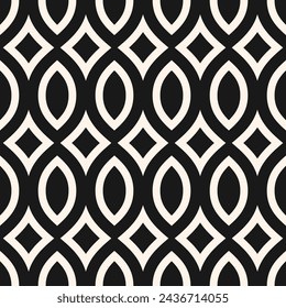 Vector black and white geometric seamless pattern in oriental arabesque style. Simple abstract background with curved shapes, lines, lattice. Elegant ornament texture. Repeated monochrome design
