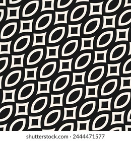 Patrón geométrico sin costuras en blanco y negro de Vector en estilo árabe oriental. Fondo abstracto simple con Formas curvas, líneas, enrejado diagonal. Elegante textura mínima ornamental. Repetir diseño