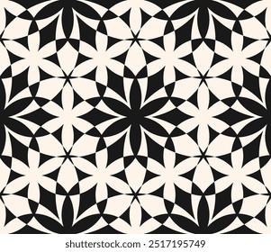 Vector black and white geometric seamless pattern. Abstract monochrome texture with flower silhouettes, mosaic. Elegant monochrome ornament background. Repeated geo design for decor, wrapping, fabric