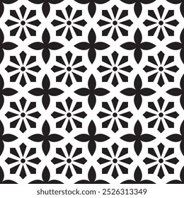 Vector patrón geométrico sin costuras en blanco y negro. Abstractas textura monocromática con siluetas de flores, mosaico. Elegante fondo de adorno monocromo.