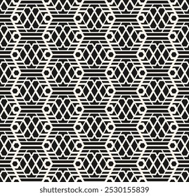 Vector black and white geometric seamless pattern with lines, grid, lattice, net, hexagons, repeat tiles. Abstract monochrome background. Simple modern graphic texture. Design for decor, print, cover
