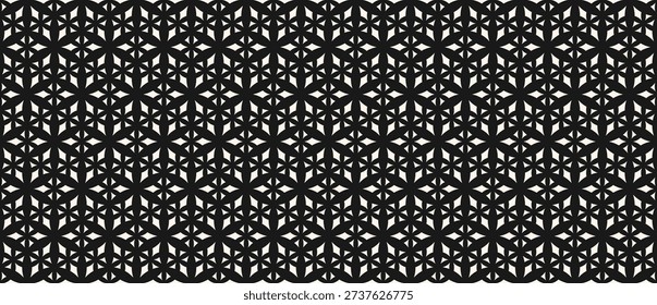 Vector black and white geometric seamless pattern with diamonds, floral shapes, leaves. Simple minimal ornament texture. Modern abstract background. Repeated monochrome design for print, fabric, decor