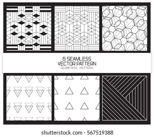 Vector Black and White Geometric seamless patter. Set of 6 seamless patterns in modern style.