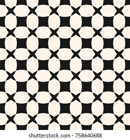 Vector black and white geometric seamless pattern with grid, lattice, net, cross shapes, squares. Simple geometrical ornament texture. Abstract monochrome background. Repeat graphic design element 