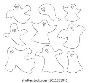 Vector black and white ghosts set. Outline Halloween party illustration or coloring page with funny spooks. Scary design for Autumn Samhain party. All saints day line icons collection. 
