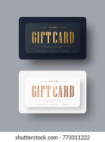 Diseño de Tarjeta de regalo en blanco y negro de Vector con texto dorado y puntos sobre fondo. Plantilla de vales para negocios premium.
