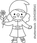 Vector black and white girl dwarf icon. Magic creature line clipart. Cute fairytale character. Woodland fantasy female garden gnome going with shovel. Forest fairy tale illustration, coloring page
