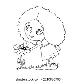 Vector Black And White Girl With Flower And Bumble Bee Illustration. Cute Outline Kid For Coloring Page Isolated On White