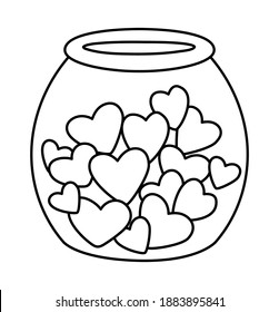 Vector black and white glass jar with hearts inside. Cute pot isolated on white background. Playful Saint Valentine’s day line icon or coloring page. 
