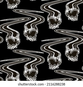 Vector black and white glitch art seamless pattern of screaming skulls on black background.