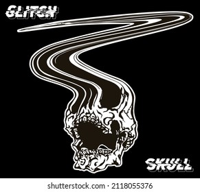 Vector black and white glitch art illustration of screaming skull isolated on black background.