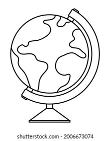 Vector de globo blanco y negro en un estrado. Esbozar modelo de mapa de esfera mundial. Icono de línea de vacaciones o elemento infográfico escolar.
