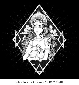 Vector Black and White Goddess Woman Vintage Illustration