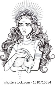 Vector Black and White Goddess Woman Illustration