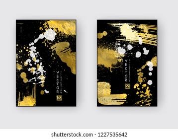 Schwarze, weiße und goldene Design-Vorlagen für Broschüren, Flyer, Mobiltechnologie, Anwendungen, Online-Dienste, typografische Embleme, Logo, Banner. Goldener abstrakter, moderner Hintergrund