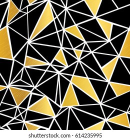 Vector Black, White, and Gold Foil Geometric Mosaic Triangles Repeat Seamless Pattern Background. Can Be Used For Fabric, Wallpaper, Stationery, Packaging.