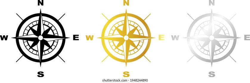 Vector black and white, gold, silver simple vintage compass icon