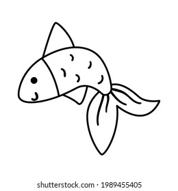 Vector Black And White Goldfish. Funny Fish Line Icon. Cute Sea Or Ocean Animal Outline Illustration For Kids Isolated On White Background. 
