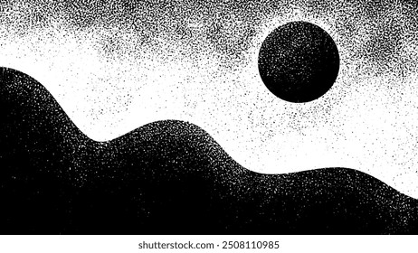 Vector black and white grainy landscape. Textured illustration with grain. Hills, sky and the sun. Noisy background