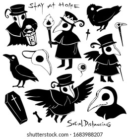 Vector black and white graphic cartoon pattern with plague doctors and crows isolated on the white background svg