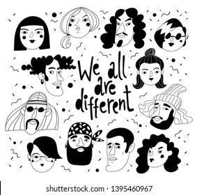 Vector black and white graphic design with different people. Black and white male and female characters. Vector avatars. Men and women vector portraits.